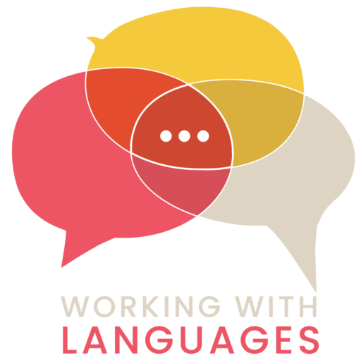 Working With Languages logo showing three speech bubbles in three different colours with three white dots in the section where the three speech bubbles overlap. At the bottom the copy reads: working with languages